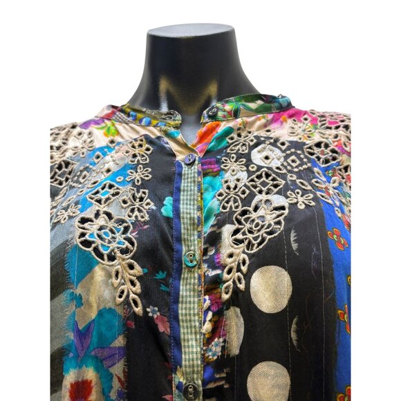 Johnny Was Silk Embroidered Blouse Multicolor Button-Down XL - Picture 5 of 7